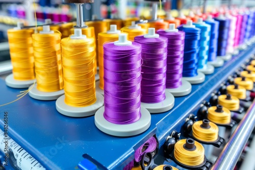 Colorful sewing threads on industrial machine spools in factory