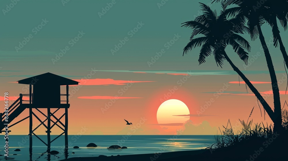 Fototapeta premium Vector illustration of beautiful scenic landscape of tropical sea beach with safeguard watch tower and surfer carrying surfboard.