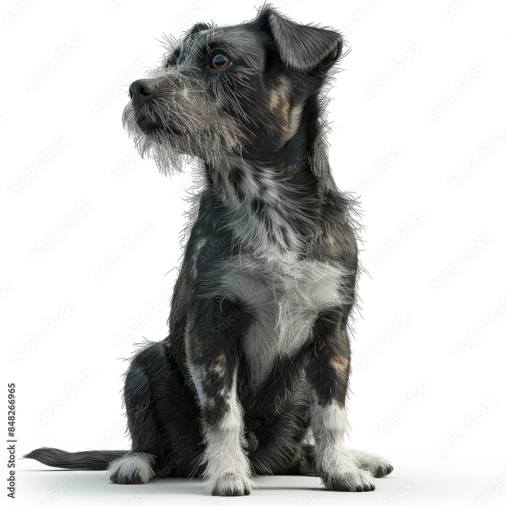 An intricate 3D render of a dog sitting attentively, with lifelike fur details, expressive eyes, and a slightly tilted head, showcasing a lovable and loyal companion, isolated on a white background