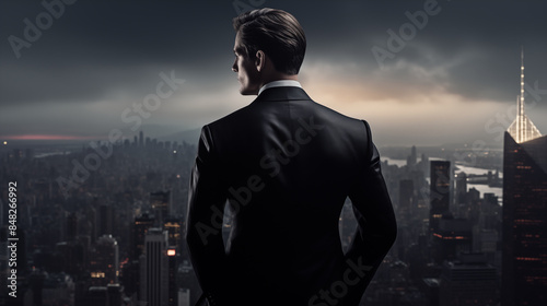 Stylish Man with Slicked-Back Hairstyle on Rooftop Overlooking City Skyline