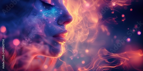 Beautiful woman face with smoke and neon lights around, banner with copy space