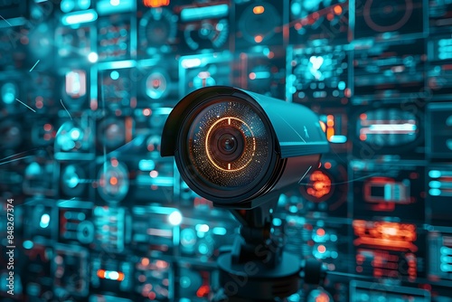 broad security banner Guards keeping an eye on the CCTV screens User interface for an online network IP connection and recording tape archive for a sophisticated surveillance and security system photo