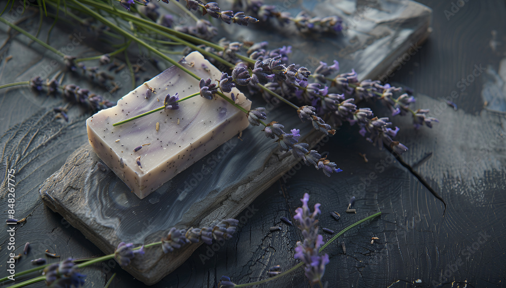 Lavender soap and flower displayed on weathered black wood