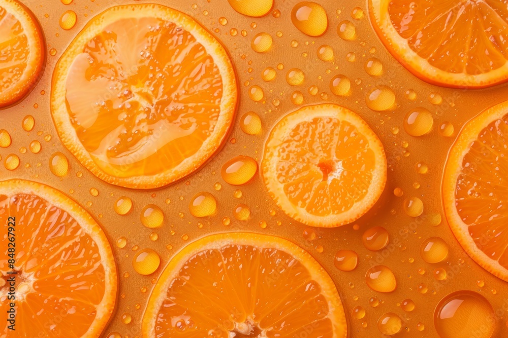 Freshly sliced oranges with water drops on orange background Freshly sliced oranges with water drops on orange background