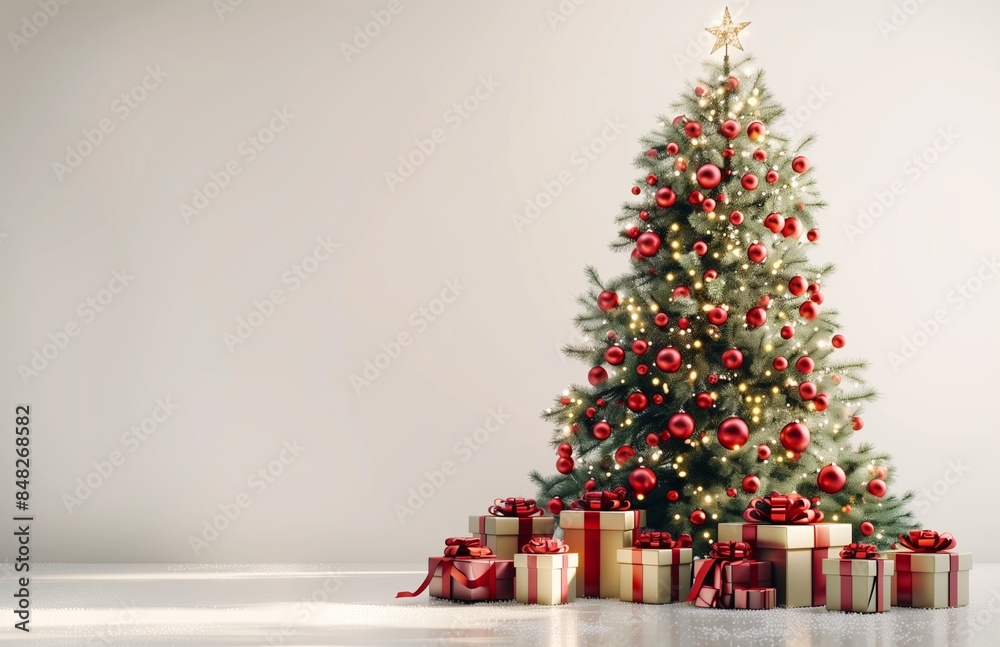 Christmas tree with gifts on white background, large empty space for text or product display Christmas tree with gifts on white background, large empty space for text or product display