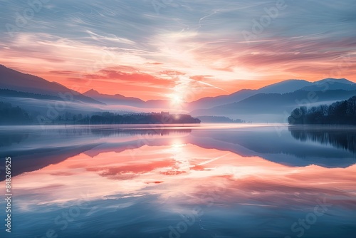Sunset or Sunrise Over Mountain Lake with Reflection, Beautiful Landscape Background
