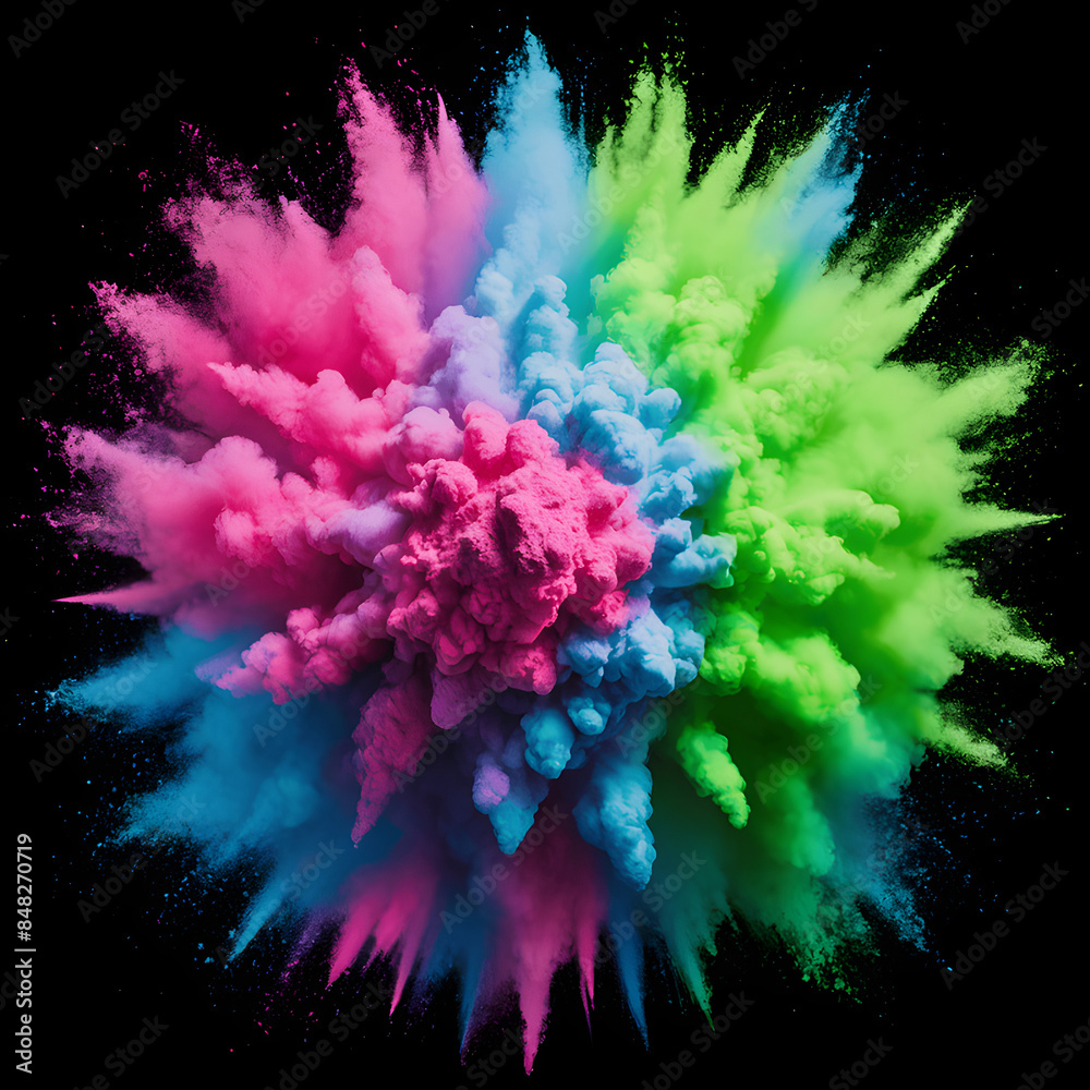 Fototapeta premium Create an image of multiple bright neon colors of very fine powder, all combined together and exploding outwards in a beautiful smokey display against a black background. Photo 4k hyperrealisty