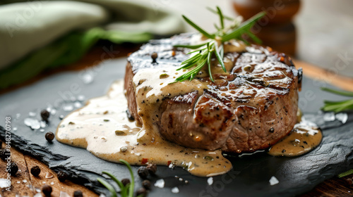 Filet Mignon with Creamy Green Peppercorn Sauce. Food blog, restaurant menu, and culinary promotion concept.