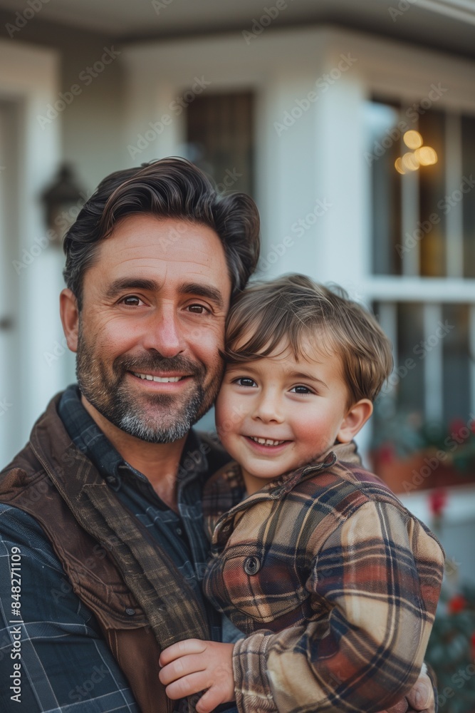 joyful father holds his adorable son in the front yard, capturing a heartwarming family moment outdoors joyful father holds his adorable son in the front yard, capturing a heartwarming family moment outdoors