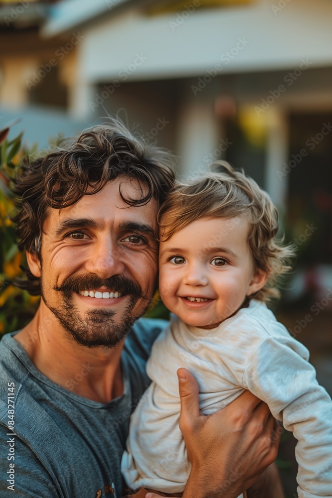 joyful father holds his adorable son in the front yard, capturing a heartwarming family moment outdoors joyful father holds his adorable son in the front yard, capturing a heartwarming family moment outdoors