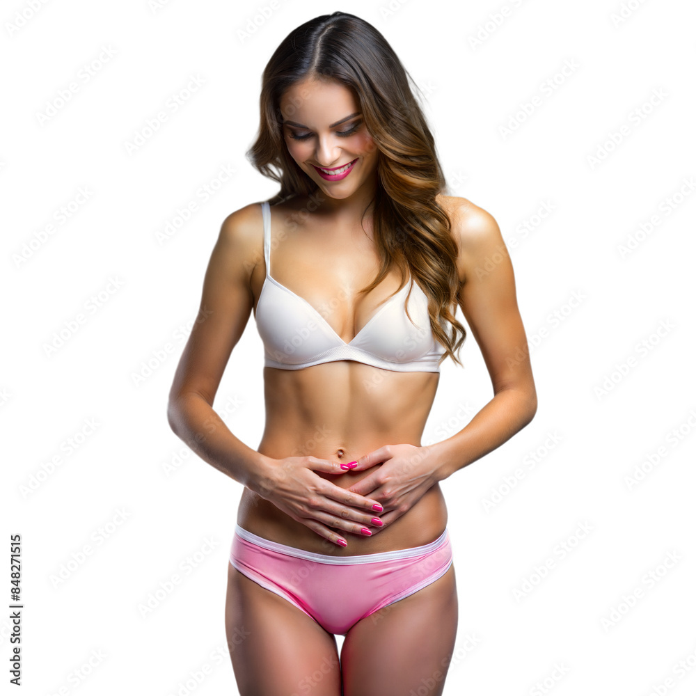 Fototapeta premium Smiling woman in lingerie standing with hands on stomach