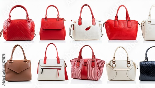 set collection of stylish women handbag purse, red and white leather, different colors and style, luxury elegant ladies hand bags, Ai Generate