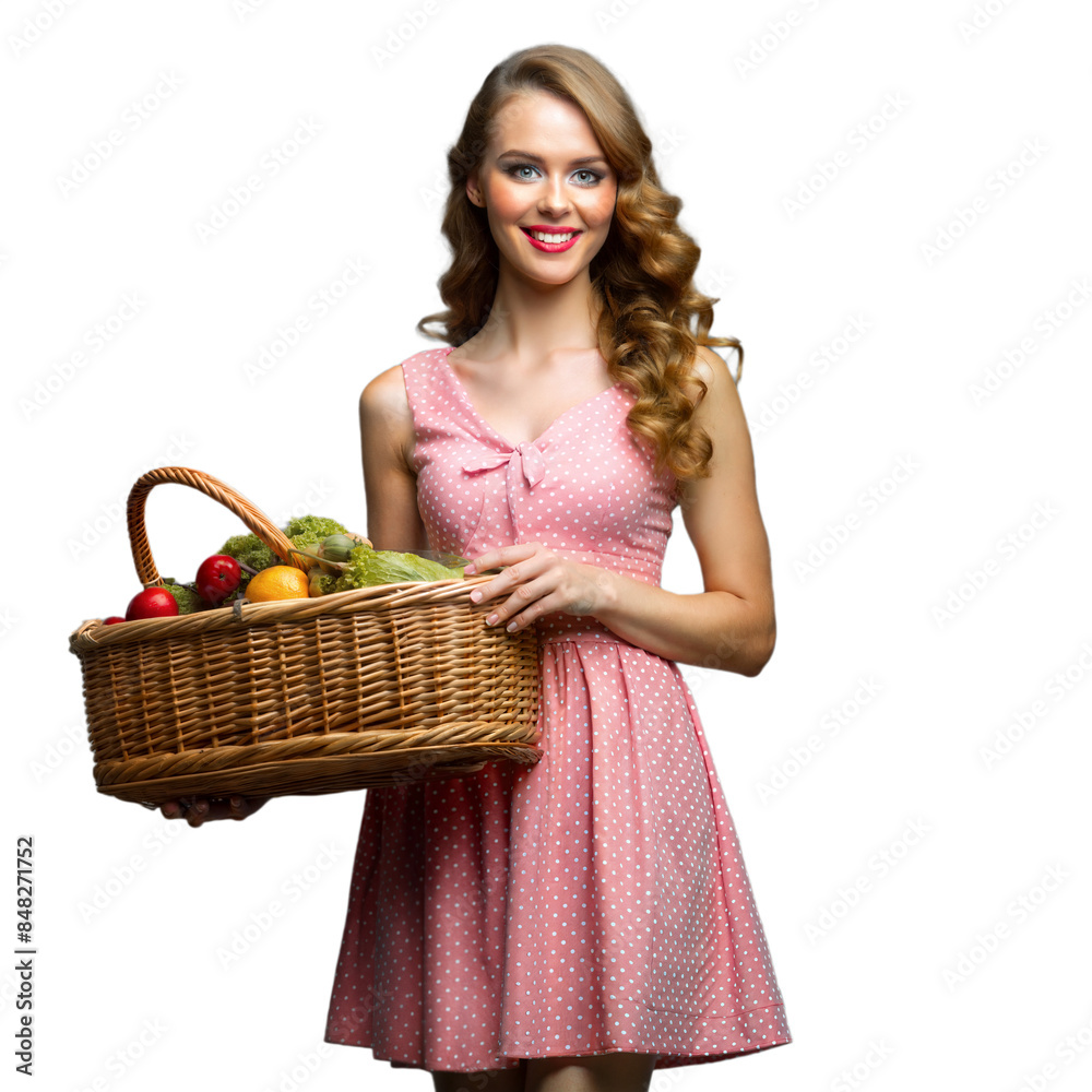 Smiling woman holding a wicker basket filled with vegetables Smiling woman holding a wicker basket filled with vegetables