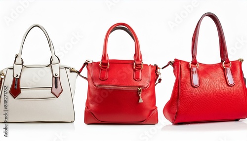 set collection of stylish women handbag purse, red and white leather, different colors and style, luxury elegant ladies hand bags, Ai Generate