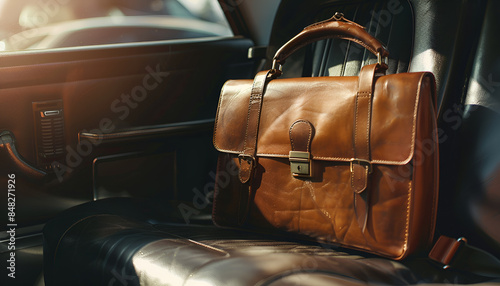 Leather briefcase in car seat with sunlight and strong contrast