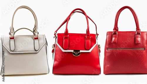 set collection of stylish women handbag purse, red and white leather, different colors and style, luxury elegant ladies hand bags, Ai Generate