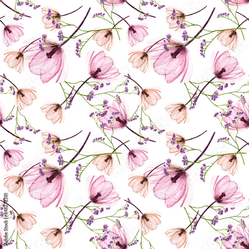Pattern con delicati fiori in trasparenza su sfondo bianco