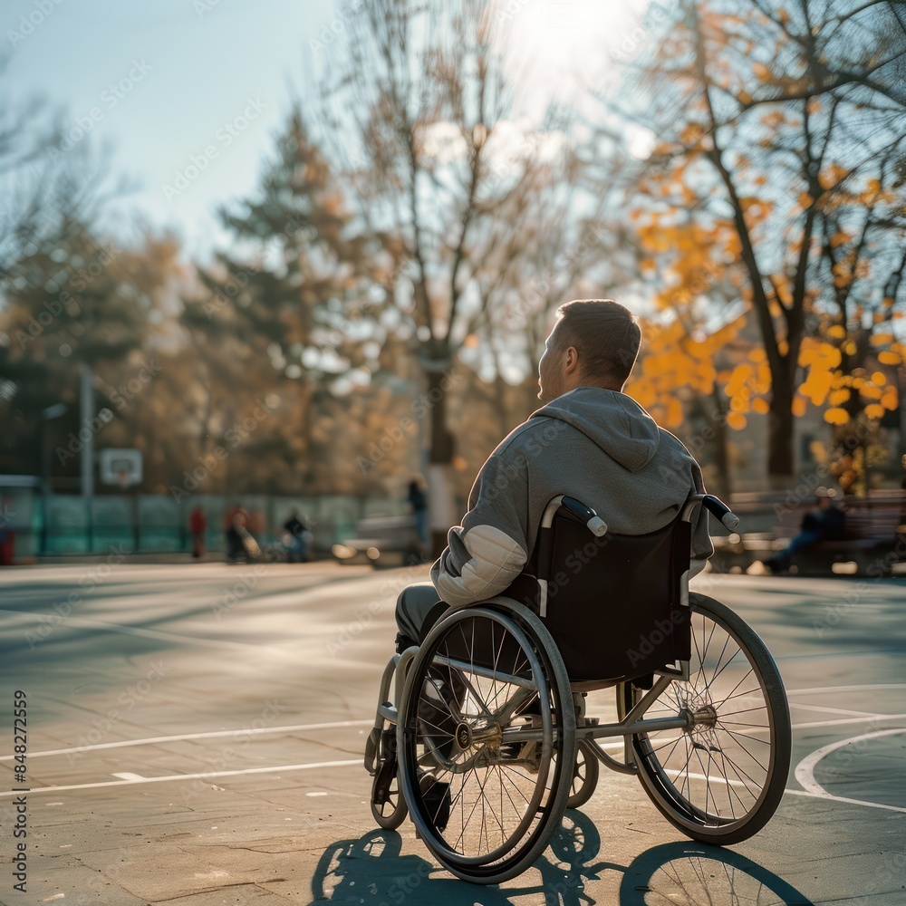 Man in wheelchair on a sunny day at a basketball court, observing surroundings. Autumn leaves, outdoor casual setting, inclusive environment. Man in wheelchair on a sunny day at a basketball court, observing surroundings. Autumn leaves, outdoor casual setting, inclusive environment.