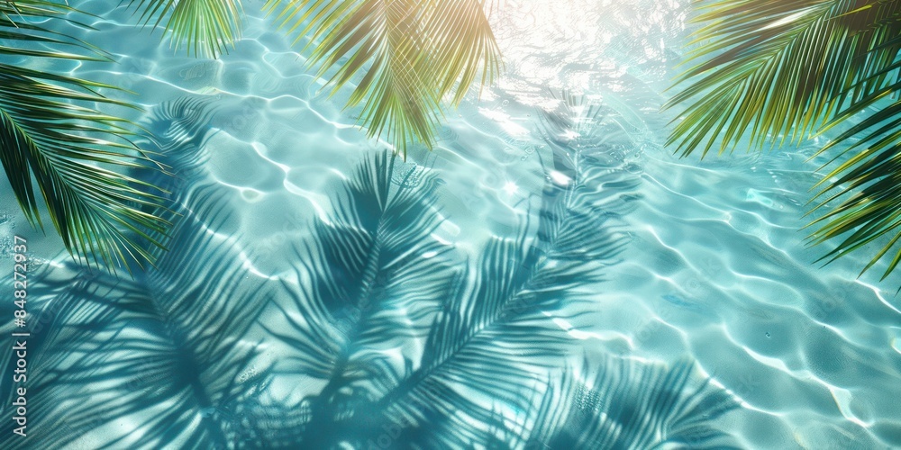 Serene tropical water with sunlit palm leaf reflections, creating a peaceful and refreshing vibe perfect for beach-themed designs. Serene tropical water with sunlit palm leaf reflections, creating a peaceful and refreshing vibe perfect for beach-themed designs.