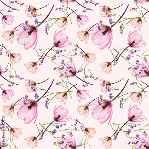 Pattern con delicati fiori in trasparenza su sfondo crema