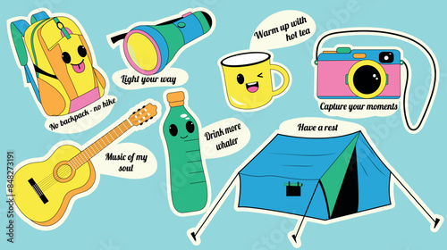 set hiking and treking stikers tent lantern backpack water bottle camera guitar