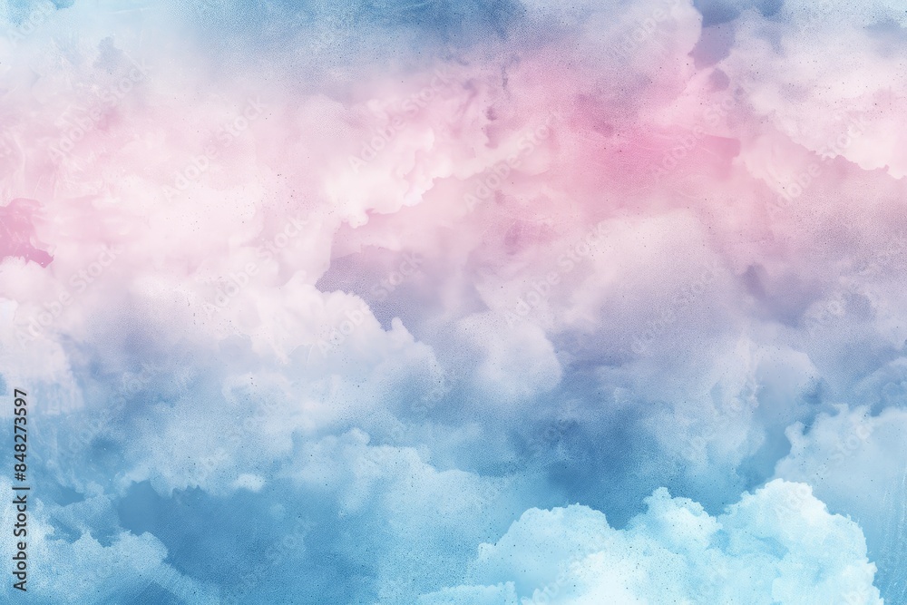 Abstract Watercolor Background with Soft Pastel Cloudscape in Pink and Blue Sky, Digital Art Illustration