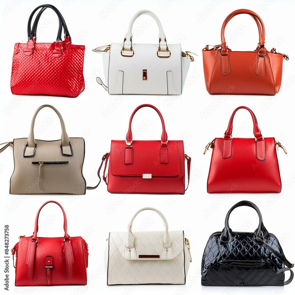 set collection of stylish women handbag purse, red and white leather, different colors and style, luxury elegant ladies hand bags, Ai Generate set collection of stylish women handbag purse, red and white leather, different colors and style, luxury elegant ladies hand bags, Ai Generate