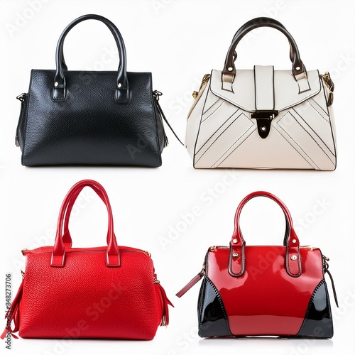 set collection of stylish women handbag purse, red and white leather, different colors and style, luxury elegant ladies hand bags, Ai Generate