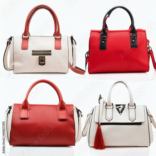 set collection of stylish women handbag purse, red and white leather, different colors and style, luxury elegant ladies hand bags, Ai Generate