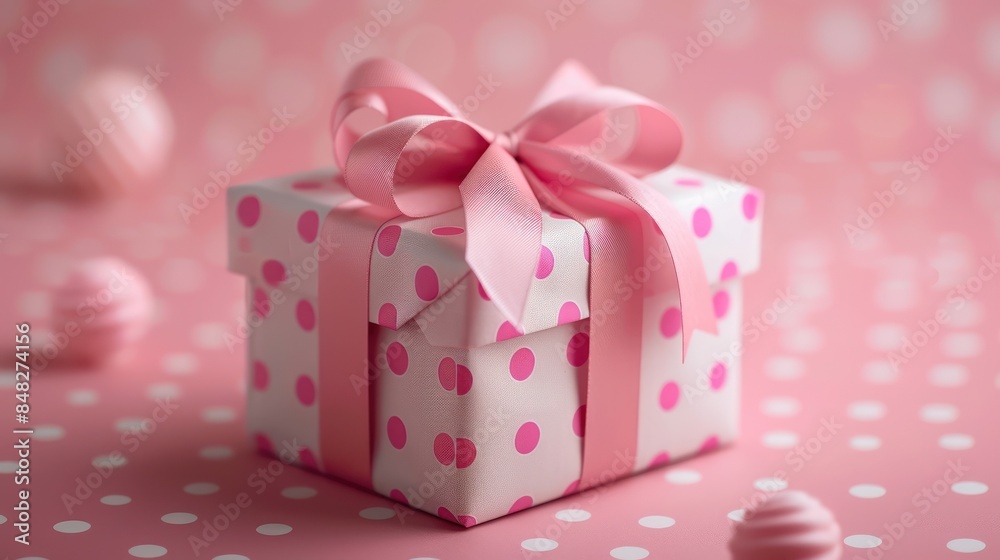 Fototapeta premium Beautiful polka dot gift box with pink ribbon bow on pastel pink background, perfect for celebrations and special occasions.