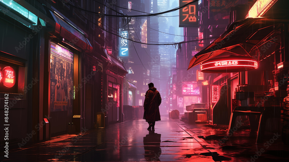 Neon-Lit Cyberpunk Alleyway at Night with Holographic Ads and Futuristic Figure Neon-Lit Cyberpunk Alleyway at Night with Holographic Ads and Futuristic Figure