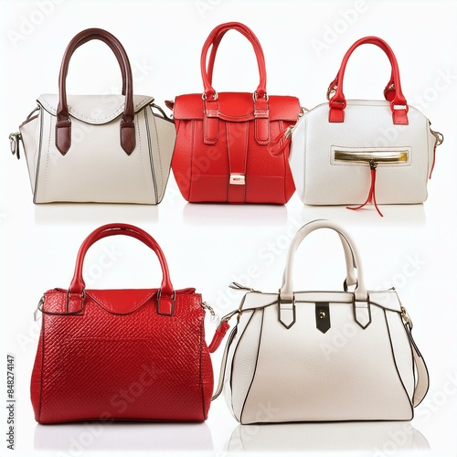 set collection of stylish women handbag purse, red and white leather, different colors and style, luxury elegant ladies hand bags, Ai Generate