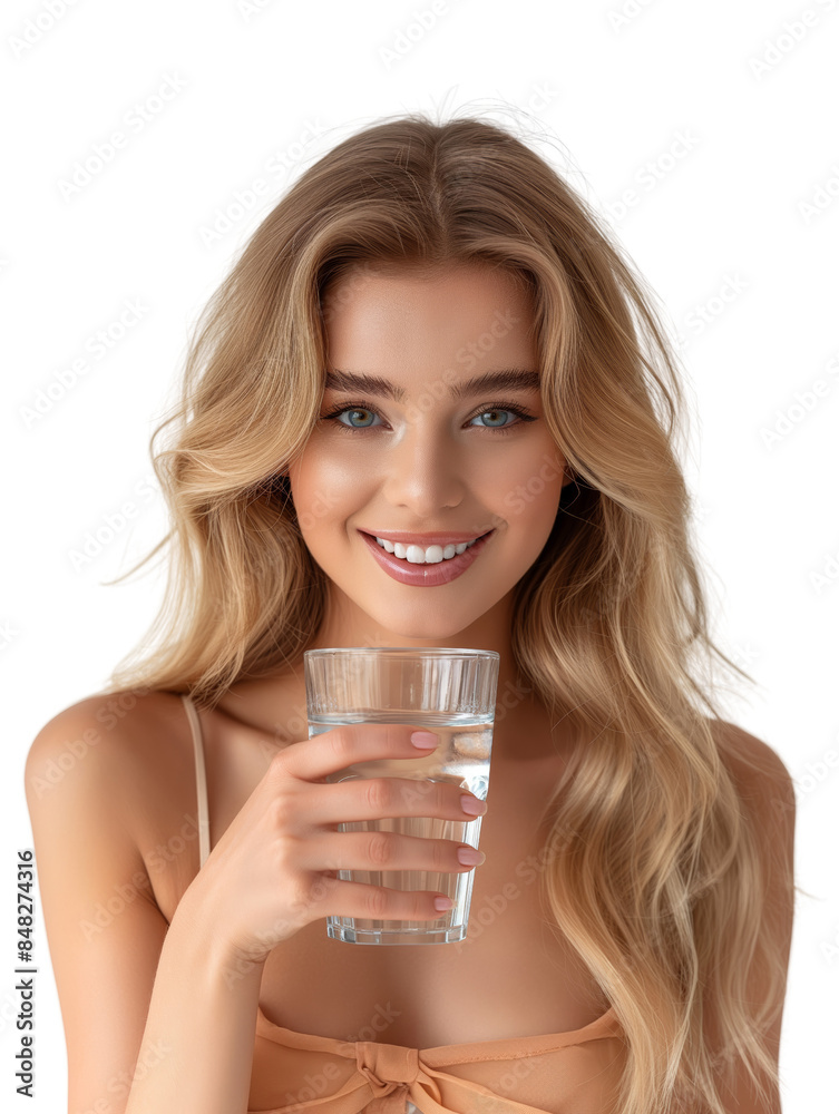 Smiling woman with long blonde hair holding a glass of water, promoting a healthy lifestyle and hydration. PNG transparent Background. Smiling woman with long blonde hair holding a glass of water, promoting a healthy lifestyle and hydration. PNG transparent Background.