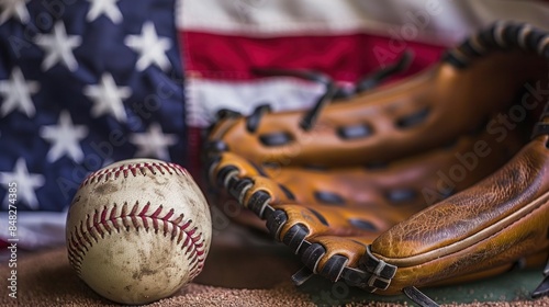 close-up of a baseball glove and ball, with an American flag in the background