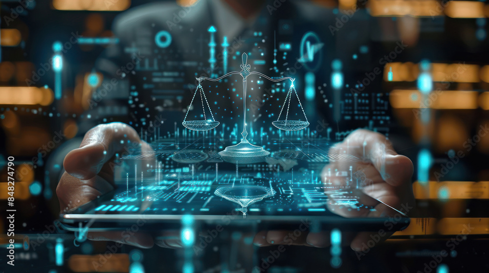 Futuristic digital justice system concept with scales, holographic technology, and data analytics on a tablet. Futuristic digital justice system concept with scales, holographic technology, and data analytics on a tablet.