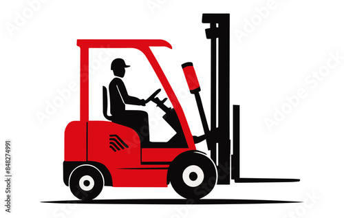Isolated forklift truck with fork loader and driver on a transparent or white background, vector illustration for transportation and storage