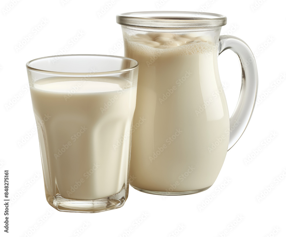 A glass and jug of fresh milk on a white background. Perfect for dairy product advertisements, kitchen decor, or healthy lifestyle promotions. A glass and jug of fresh milk on a white background. Perfect for dairy product advertisements, kitchen decor, or healthy lifestyle promotions.