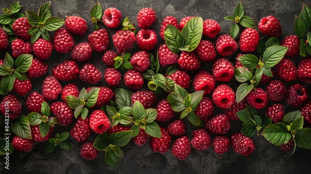 A lot of fresh raspberries with green leaves on a dark surface.
A lot of fresh raspberries with green leaves on a dark surface.