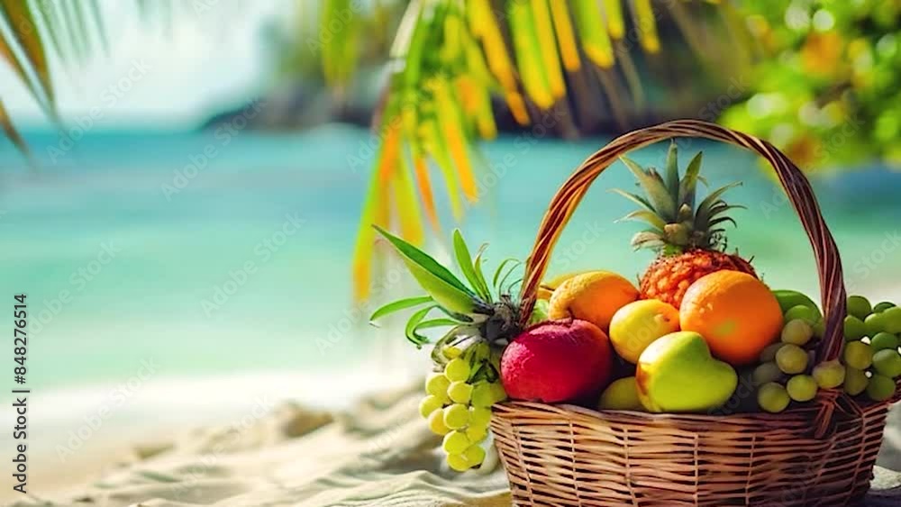 various exotic fruits against the backdrop of the sea. selective focus.
