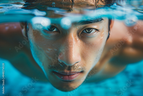 水に潜るアジア人男性