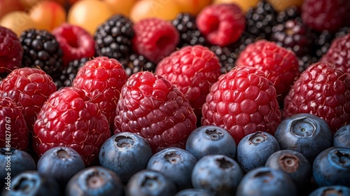 Close-up of a colorful mix of raspberries, blueberries, blackberries, and golden berries. 