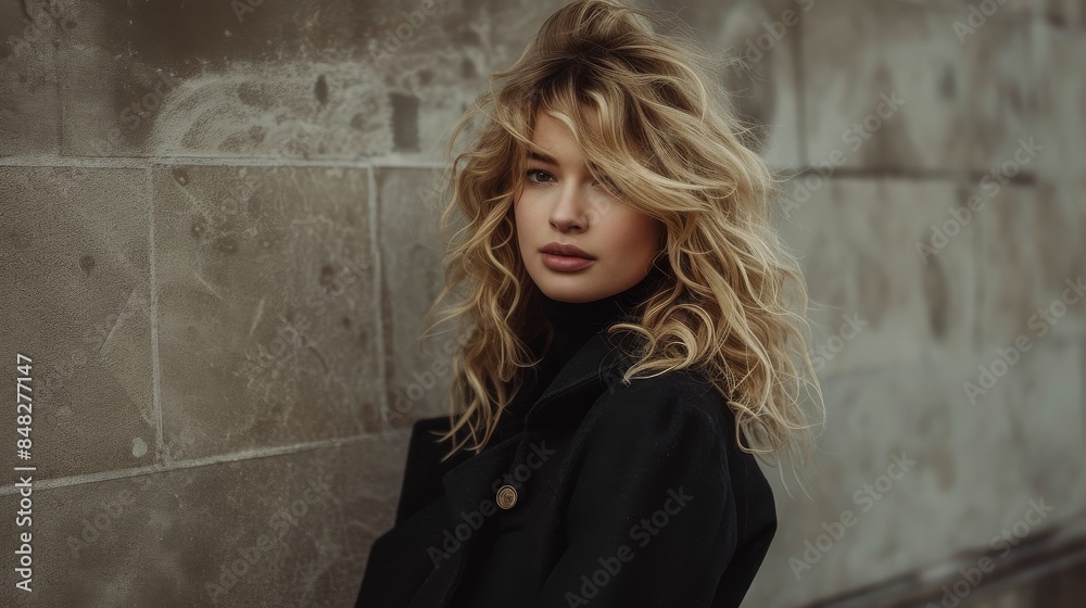 Stylish blonde woman with curly hair wearing a chic black coat Stylish blonde woman with curly hair wearing a chic black coat