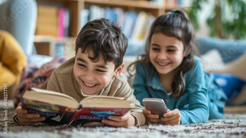 Happy boy absorbed in reading a book while a girl in the background accidentally uses a smartphone