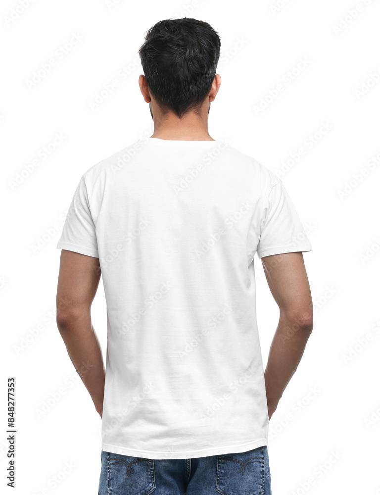 Man in t-shirt on white background, back view Man in t-shirt on white background, back view