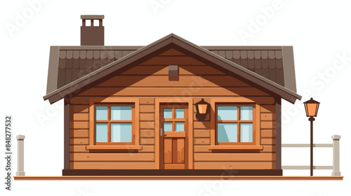 Wooden house with door windows and terrace on white © Vector