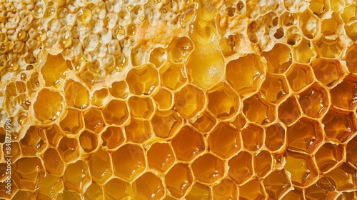 A close up of honeycomb with honey dripping from it