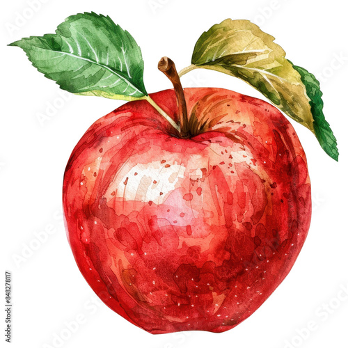 Watercolor Red Apple with Green Leaves.