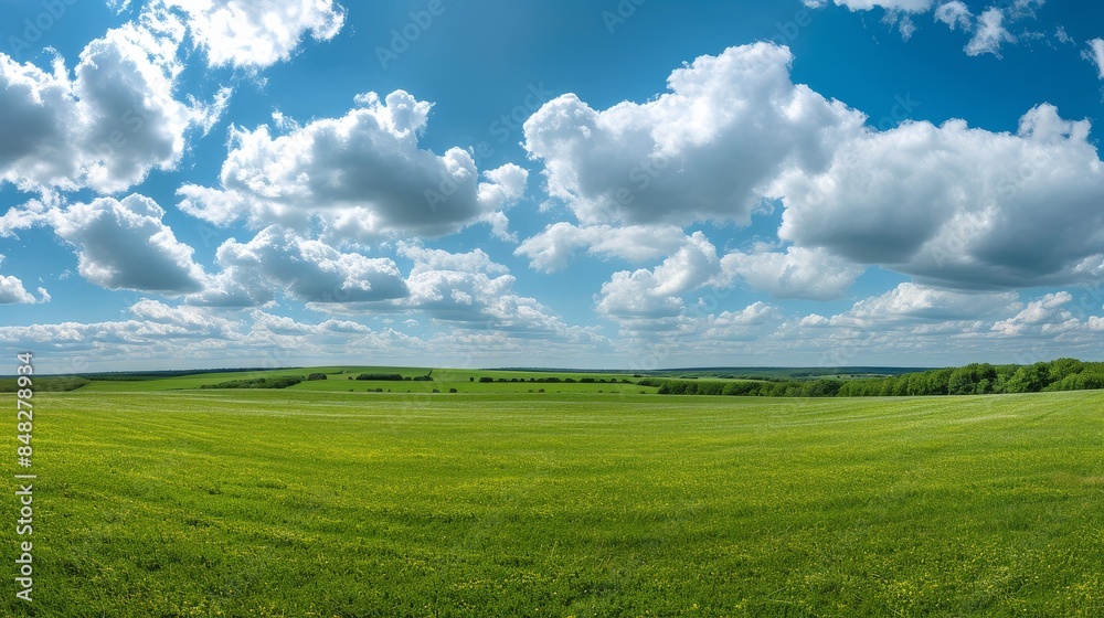 Fototapeta premium Expansive green field under a blue sky with white clouds