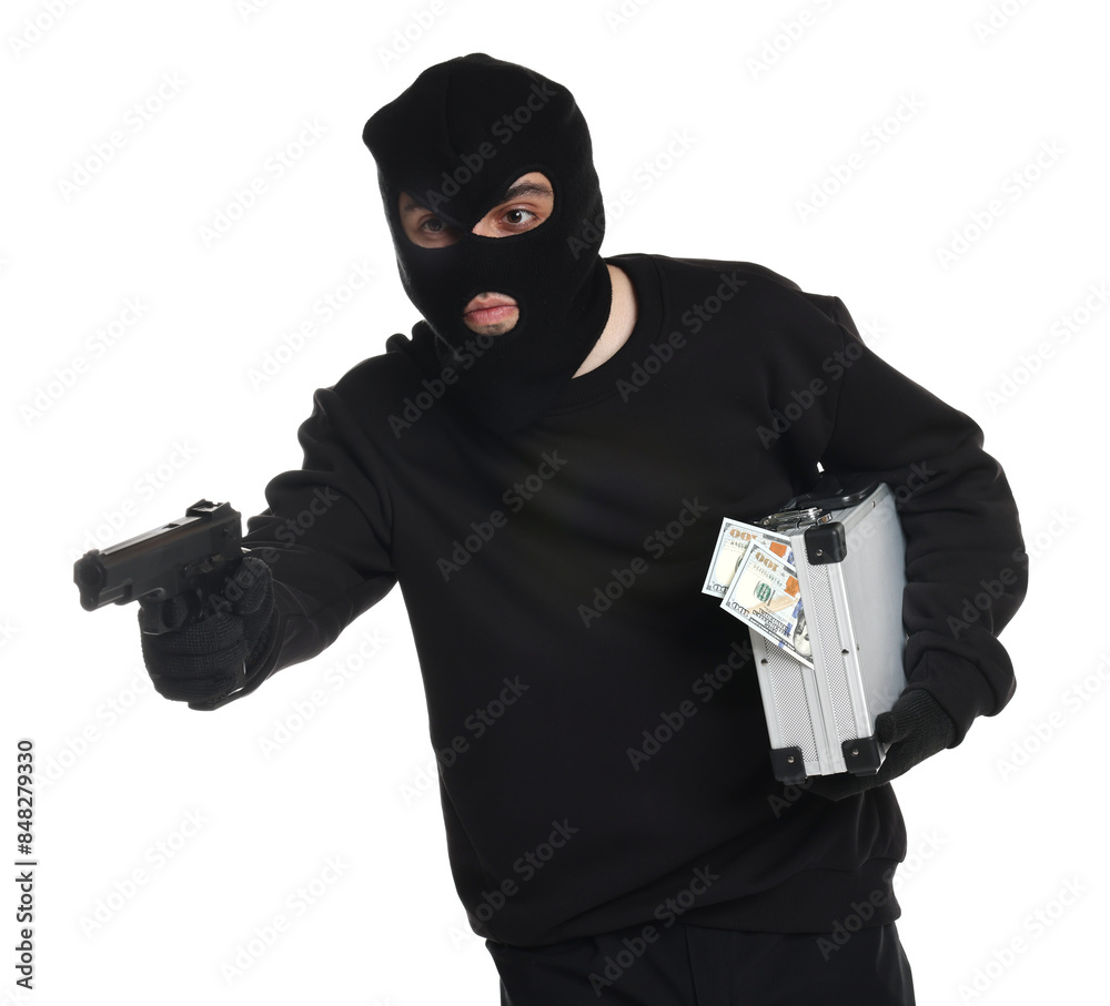 Thief in balaclava with gun and briefcase of money on white background Thief in balaclava with gun and briefcase of money on white background