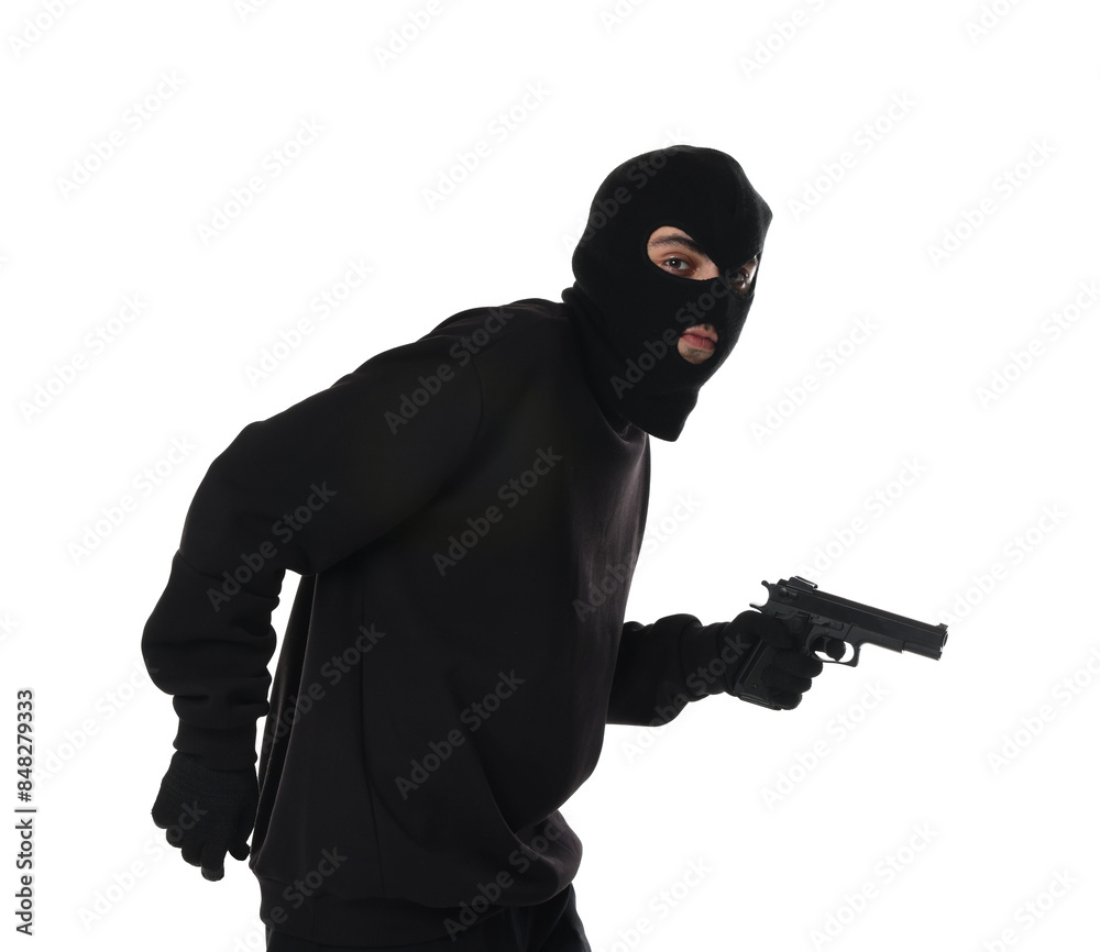 Thief in balaclava with gun on white background Thief in balaclava with gun on white background
